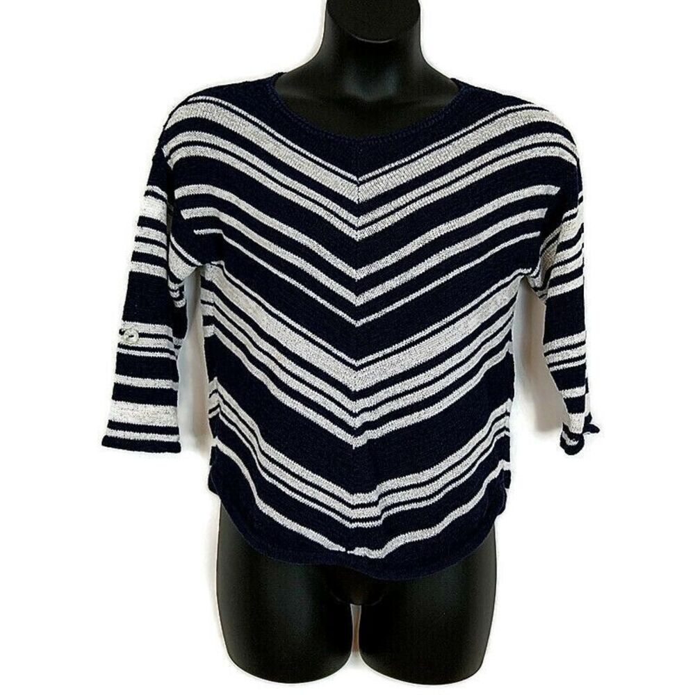 💥5/$25 Chicos Womens 2 US L Sweater Blue Chevron 3/4 Sleeve Round Neck Pullover